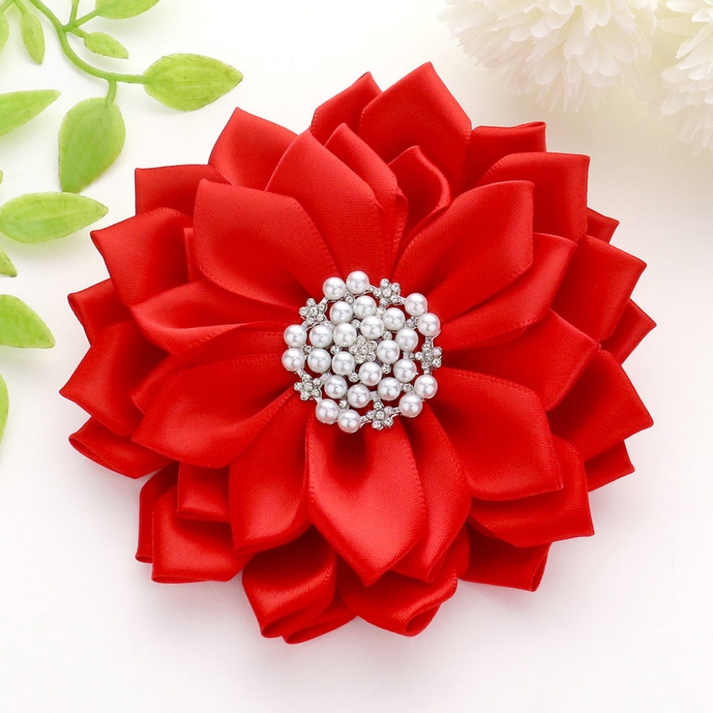 Red Pearl Flower Brooch 5 Inch Ribbon Pendant Pin Hairpin Statement Accessory